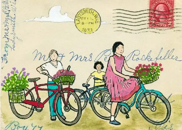 Old Envelope Background with Three People on Bicycles with Flowers in their Baskets