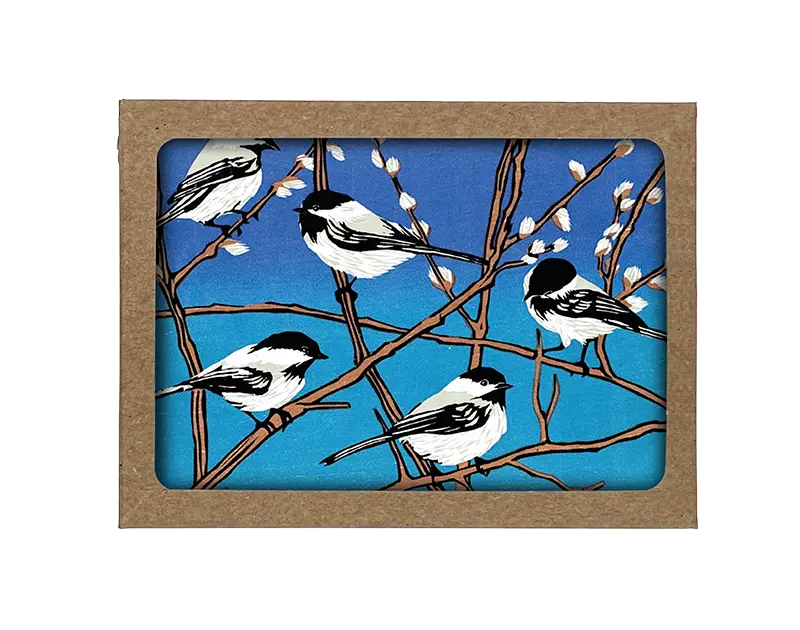 Box of Baby Chickadee Birds Sitting on Branches