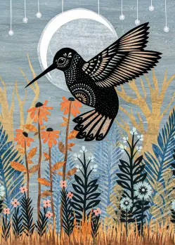 Black Hummingbird with Pattern Under Night Sky with Colorful Plants