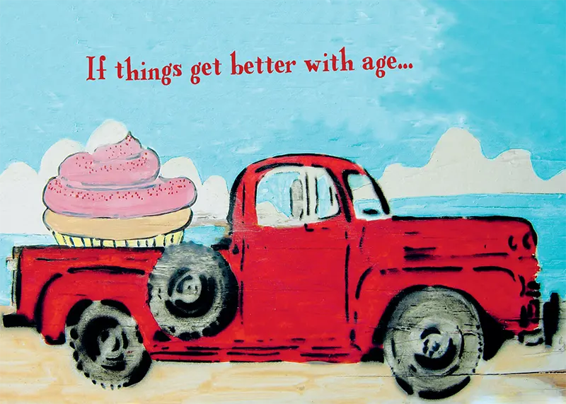 Old Red Pickup Truck with Giant Cupcake in the Back with the words