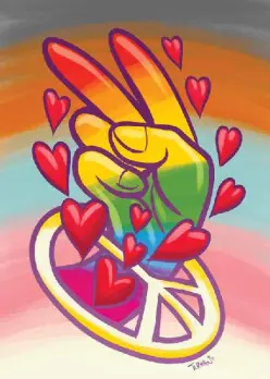 rainbow hand giving peace sign with hearts