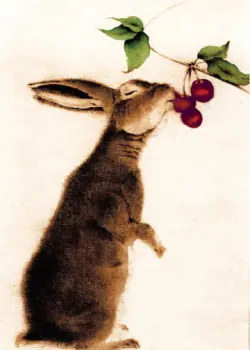 Brown Bunny Smelling Three Cherries on a Branch
