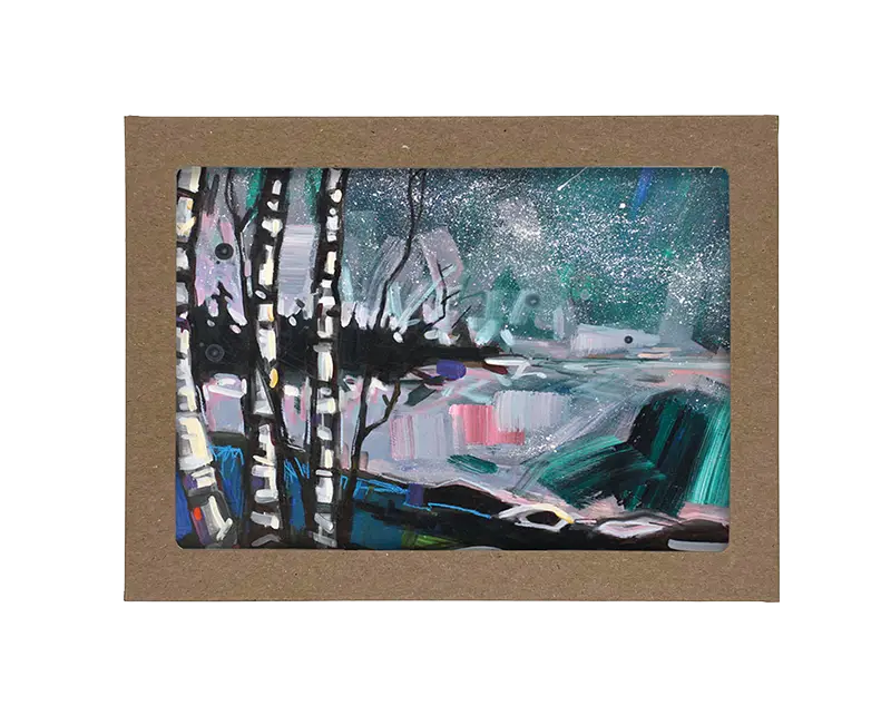 Adam Swanson Boxed Cards with print of birch trees in front of snowy creek and night sky