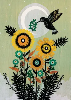 Sunflowers With a Black Hummingbird Under Green Night Sky