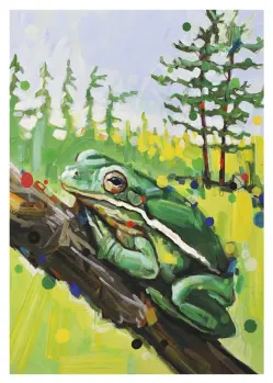 painted green frog on brown log in coniferous forest with pine trees