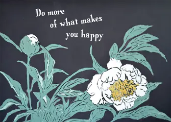 White Peony Flower; Card says "Do more of what makes you happy"