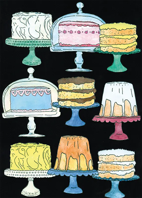 Variety of colorful cakes on black background