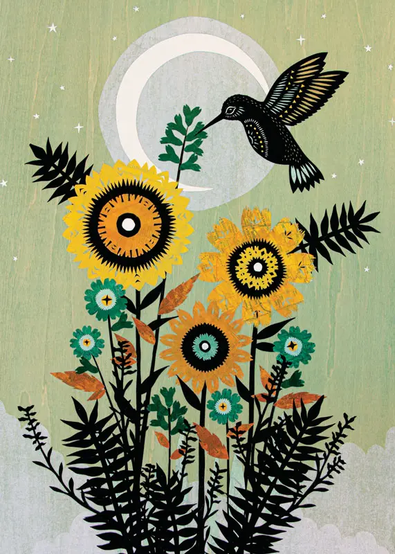 Sunflowers With a Black Hummingbird Under Green Night Sky