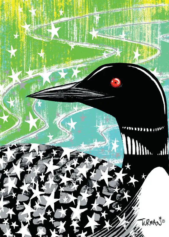 Black and White loon with stars on it's body Green, white stars