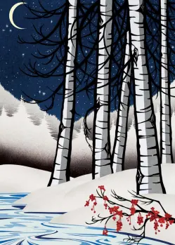 Birch trees by a river during winter