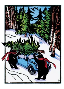 Two Bears Getting a Christmas Tree for the Holidays