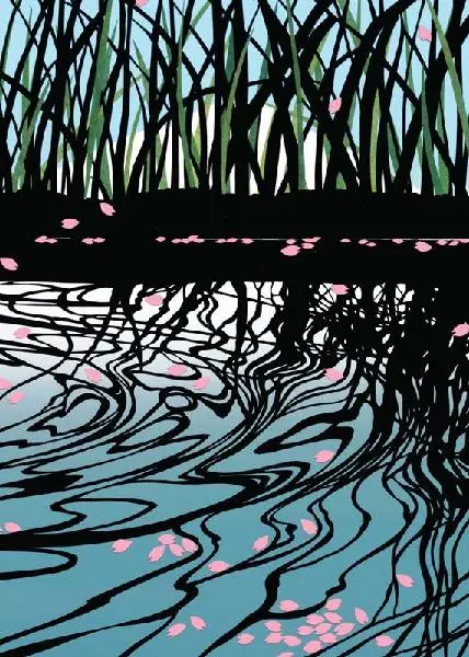 Reflection in water of grass and pink flower petals