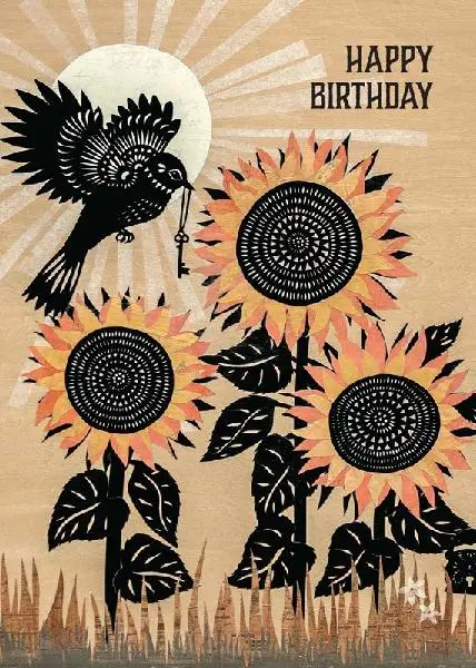 Three Sunflowers with a Blackbird with a Key