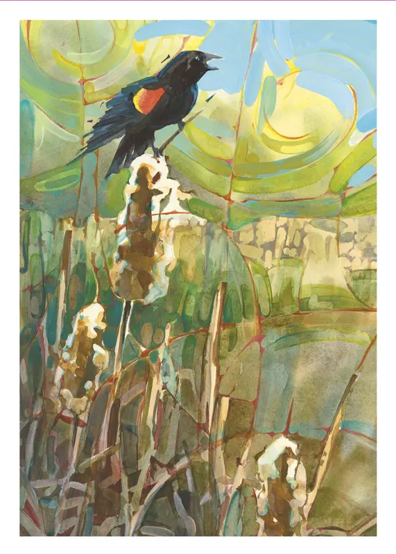Painting of a Red-Winged Blackbird on Cattail Plant