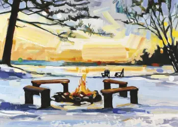 a lone fire in pit on a snowy morning sunrise setting with trees