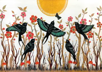 Angie Pickman - Birds by Red Flower Garden Under Yellow Sun