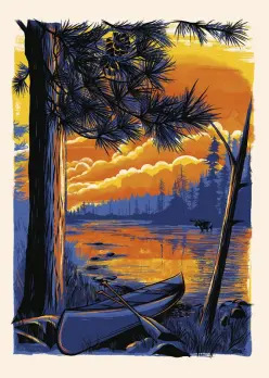 Boundary Waters sunset on water with canoe and trees