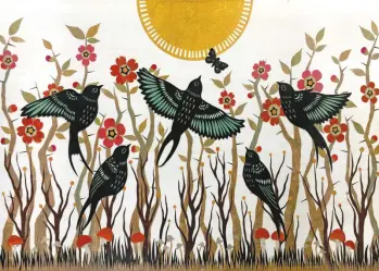 Angie Pickman - Birds by Red Flower Garden Under Yellow Sun
