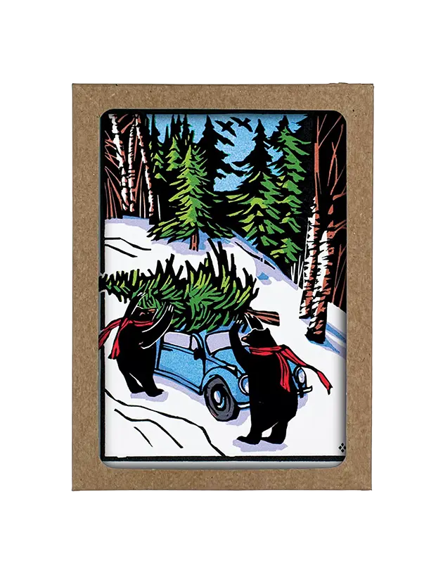 Box of Black Bears Putting a Christmas Tree on a Blue Bug Car