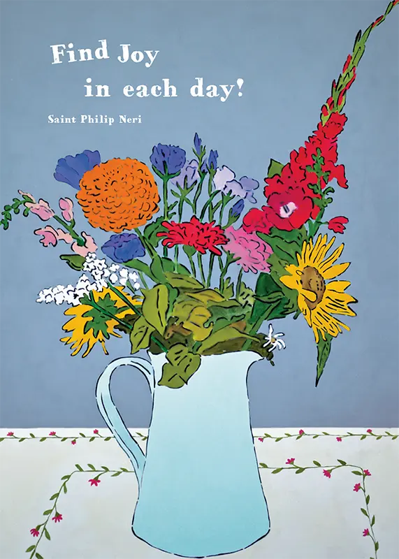 Vase of colorful flowers with the words