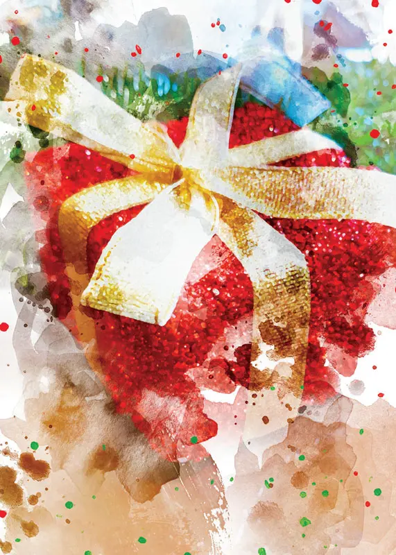 Watercolor of a Red and Gold Christmas Present