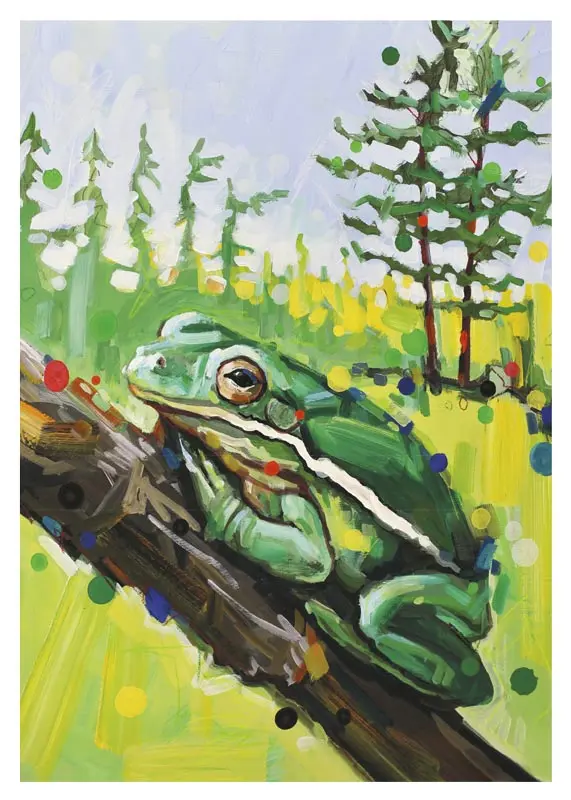 painted green frog on brown log in coniferous forest with pine trees