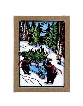 Box of Black Bears Putting a Christmas Tree on a Blue Bug Car
