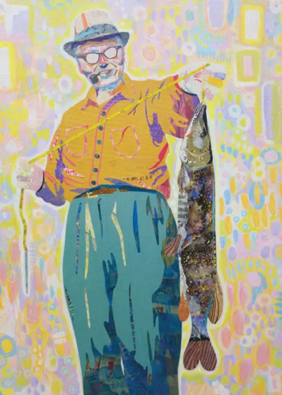 Old Man in Yellow Shirt and Teal Pants Holding a Fish
