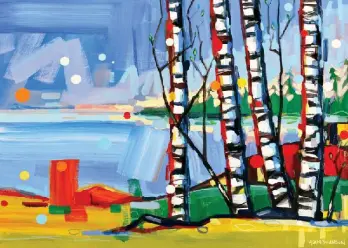 Birch trees on yellow and green foreground with blue sky background