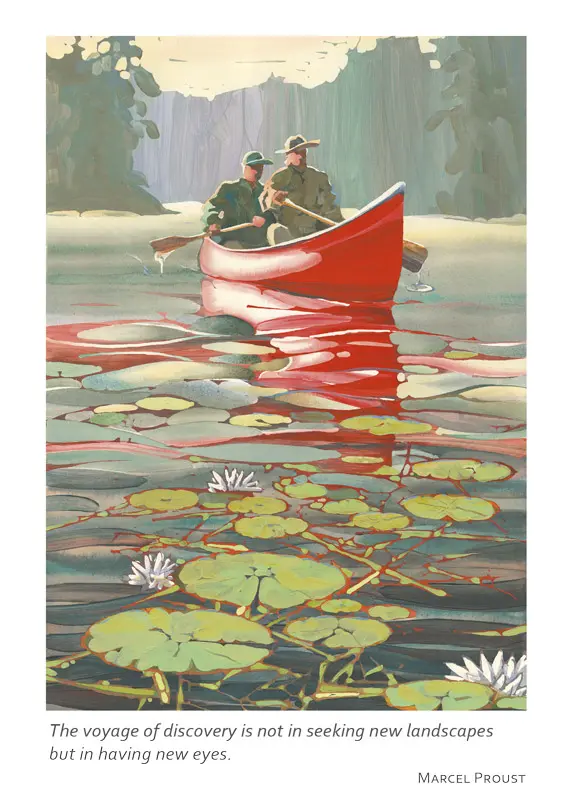 A Red Rowboat being Rowed by Two People 