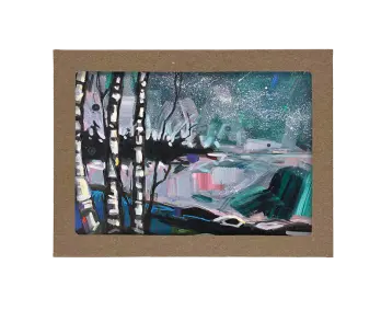 Adam Swanson Boxed Cards with print of birch trees in front of snowy creek and night sky