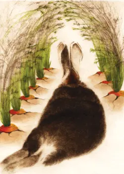 Brown Bunny Laying in Between Rows of Planted Carrots