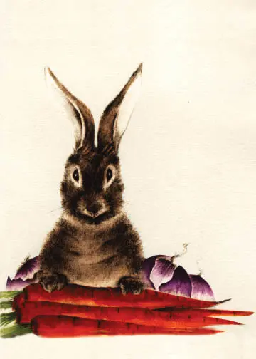 Brown Bunny with Three Carrots and Some Onions