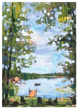 Lakefront scene with dock and chairs around water. Trees in foreground with blue sky behind