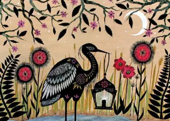 Bird Holding Lantern in Pond with Flowers and Trees Around