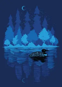 loon on bluescape lake and trees at night crescent moon