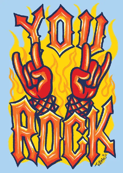 Hands doing the rock on sign with a fire burning behind them with the words you rock