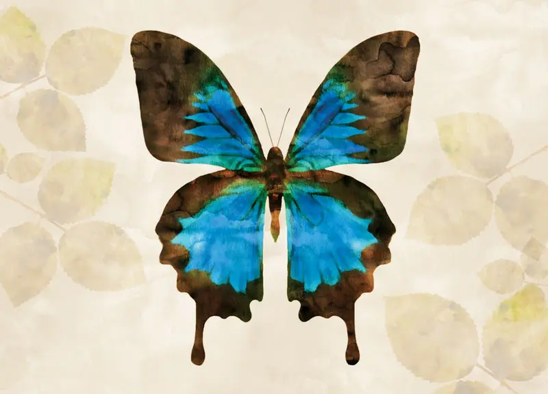 Peaceful Blue, Orange, Green, Violet Butterfly with Leaves