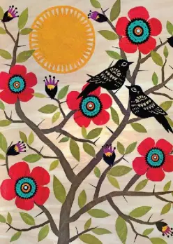 Red Flowers with Two Black Birds