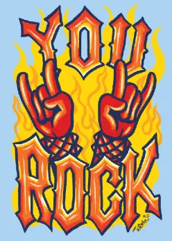 Hands doing the rock on sign with a fire burning behind them with the words you rock