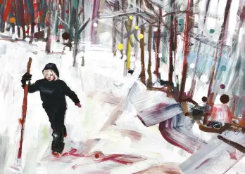 person in all black hiking in snowy forest with a walking stick