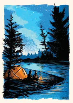 two people at tent and campfire at dusk, pine trees on river