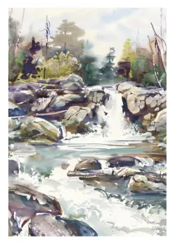 Painting of a Small Waterfall and Flowing River