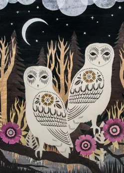 Two White Owls Sitting in a Tree at Night