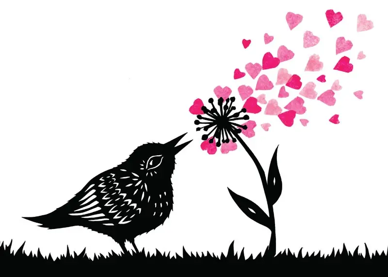 Black Bird Blowing Pink Heart Petals off of Flower