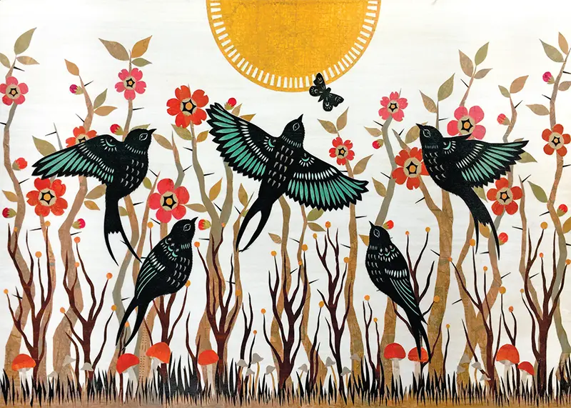 Angie Pickman - Birds by Red Flower Garden Under Yellow Sun