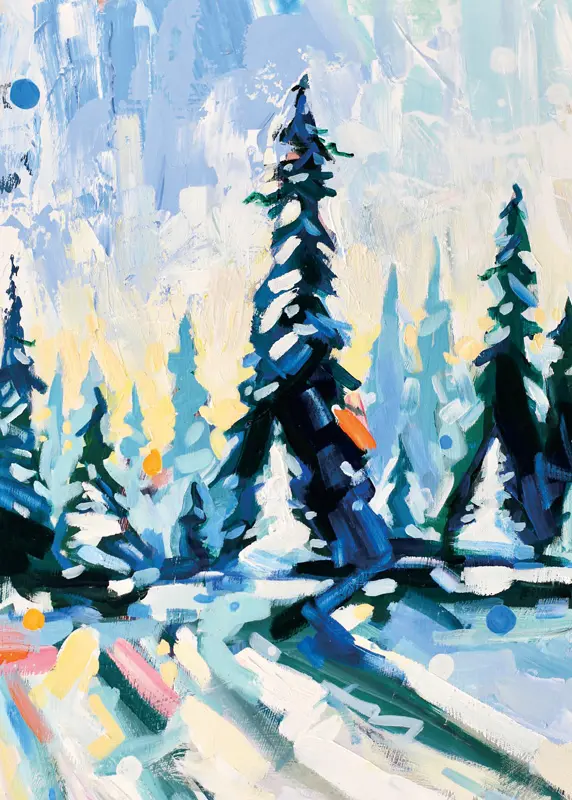 snowy forest with yellow and blue sky