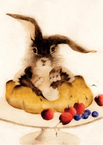 Small Brown and White Bunny In a Pie Crust Surrounded by Cherries and Blueberries