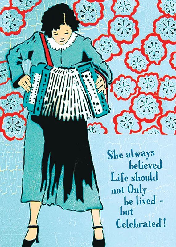 Woman wearing blue playing the according, with the words 