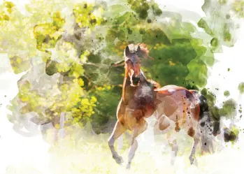 Watercolor of a Brown Horse Running Through a Field of Trees